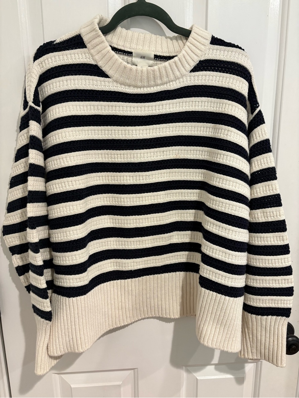 H&M Black and Cream Striped Crewneck Sweater